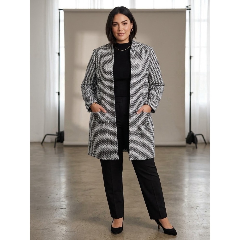 Calvin Klein Tweed Blazer Jacket 22W Blue White Longer Length Career Open Front